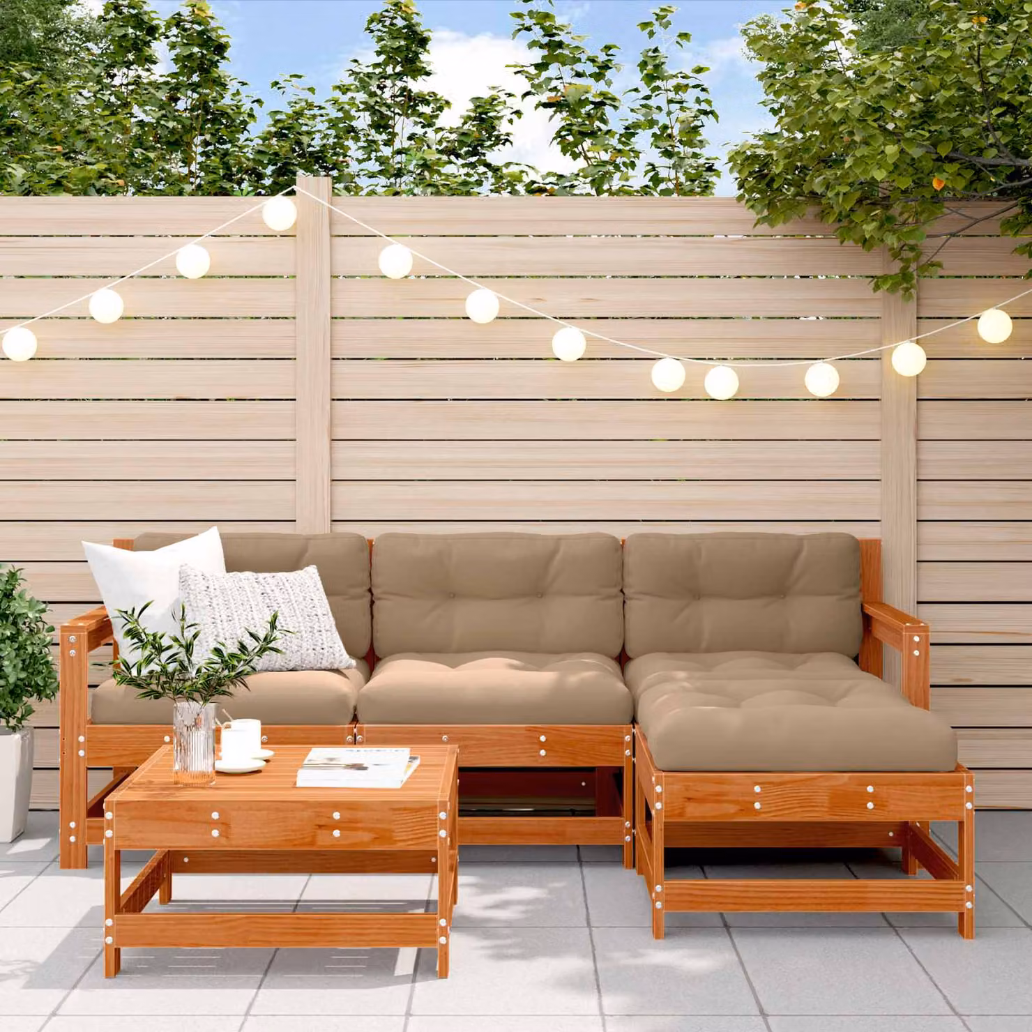 Set Lounge da Giardino vidaXL in Legno di Pino Marrone Cerato con Cuscini Beige, Composizione a L con Divano, Tavolino e Pouf