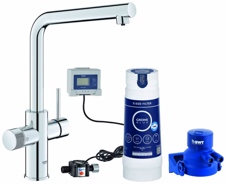 GROHE Blue Pure Minta Mitigeur d'évier, bec en L, portée 221mm, kit de démarrage avec filtre S-Size, 30589000, 30589000