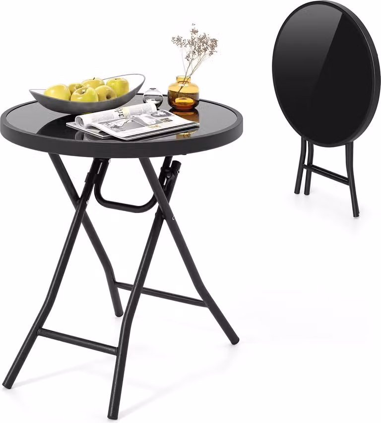 Tavolino da giardino KOMFOTTEU in vetro temperato, tavolino pieghevole da 46 cm con struttura in metallo, tavolo da pranzo rotondo per terrazza, balcone, tavolino da salotto per interni ed esterni (nero)