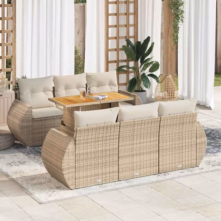 Set da giardino vidaXL composto da 7 pezzi con divani, tavolino e cuscini beige in polyrattan e legno di acacia