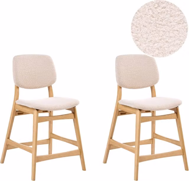 Set di 2 sedie da bar con struttura in legno di gomma marrone chiaro e seduta in tessuto bouclé beige senza braccioli design retrò