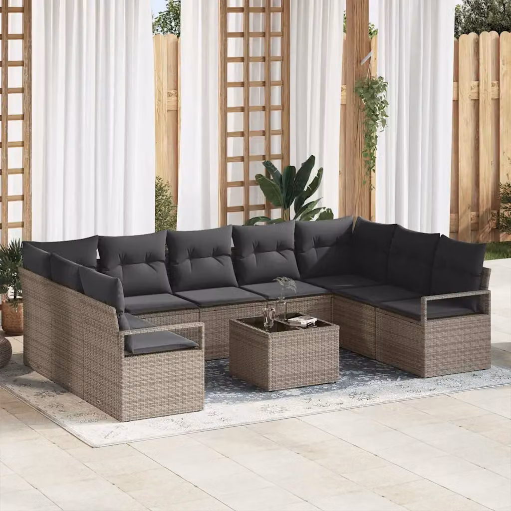 Set di divani da giardino vidaXL a forma di U in rattan grigio con cuscini e tavolino da caffè – 1