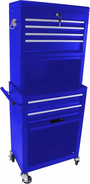 Cassettiera OKWISH con 6 cassetti in acciaio blu con ruote e sistema di blocco per garage e officina