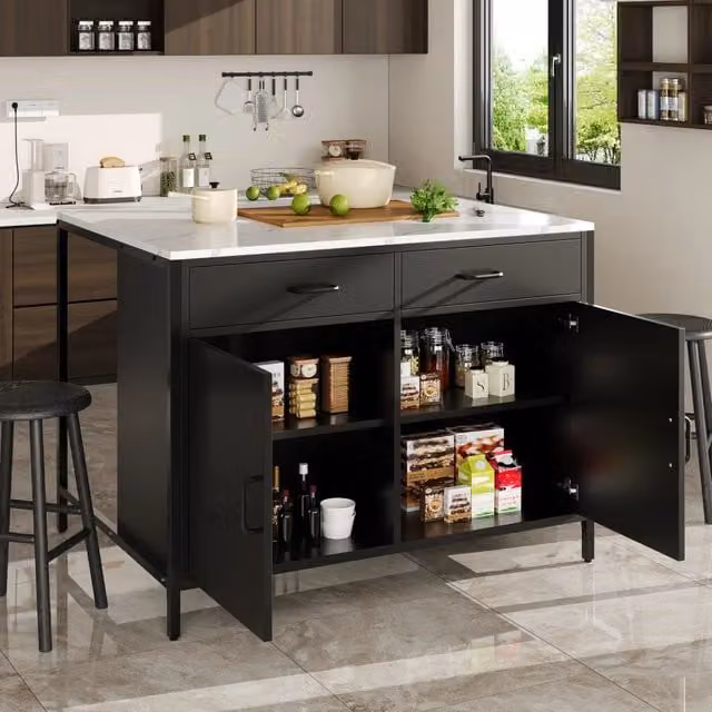 Tavolo da bar con 2 cassetti e vano regolabile in MDF nero effetto marmo per cucina e sala da pranzo 100 × 90 × 90 cm
