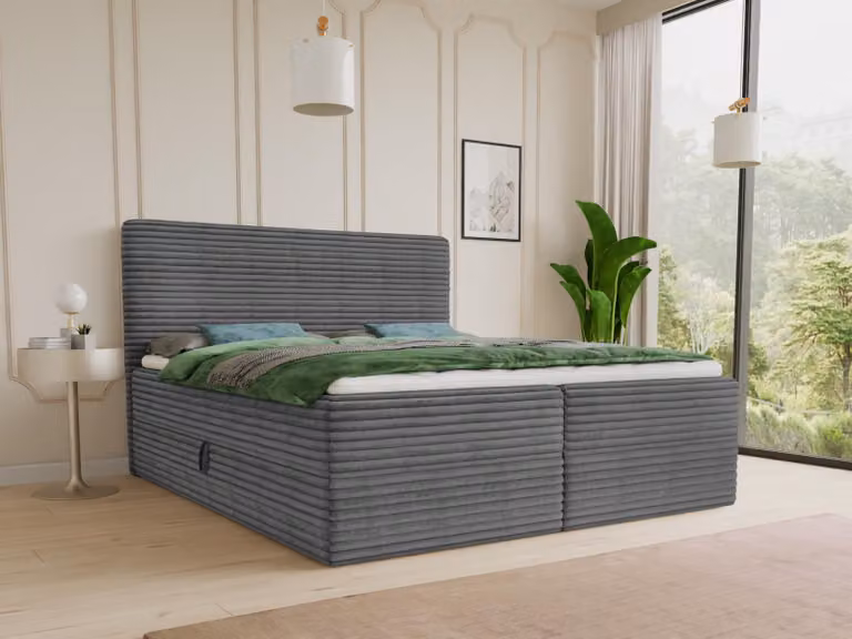 Letto boxspring Mollo con 2 cassetti, letto matrimoniale con materasso Bonell e topper, letto imbottito in morbido velluto a coste, letto, letto box, struttura letto per camera da letto (grafite (Tilia 90), 180 x 200 cm)