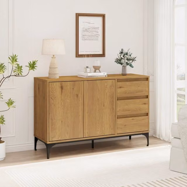 Credenza Bassa Kistiandi en.casa con 2 Ante e 3 Cassetti, Effetto Rovere Scuro, L: 120 cm, P: 40 cm, H: 76,5 cm