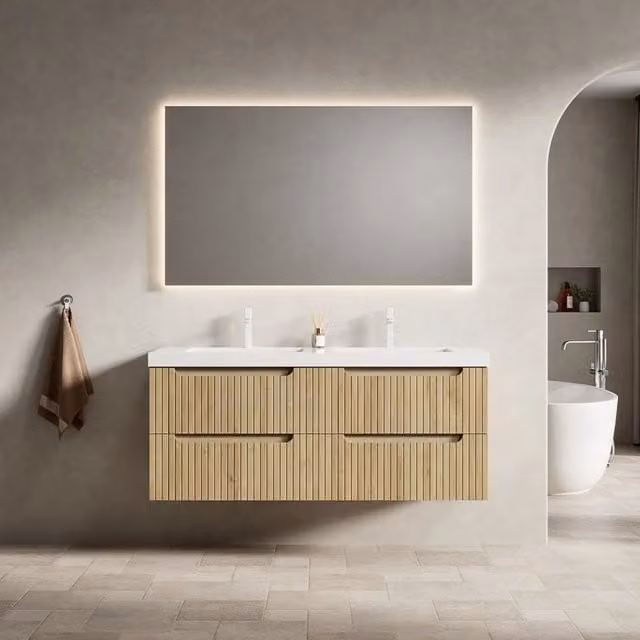 Mobile lavabo sospeso 120 cm con 2 lavabi integrati in pietra sintetica, mobile in compensato striato con 4 cassetti, preassemblato, finitura rovere bianco