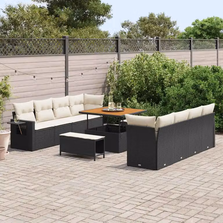 Set Divano da Giardino Moderno vidaXL in Polyrattan con 11 Pezzi, Nero e Beige, con Cuscini e Tavolino da Esterno