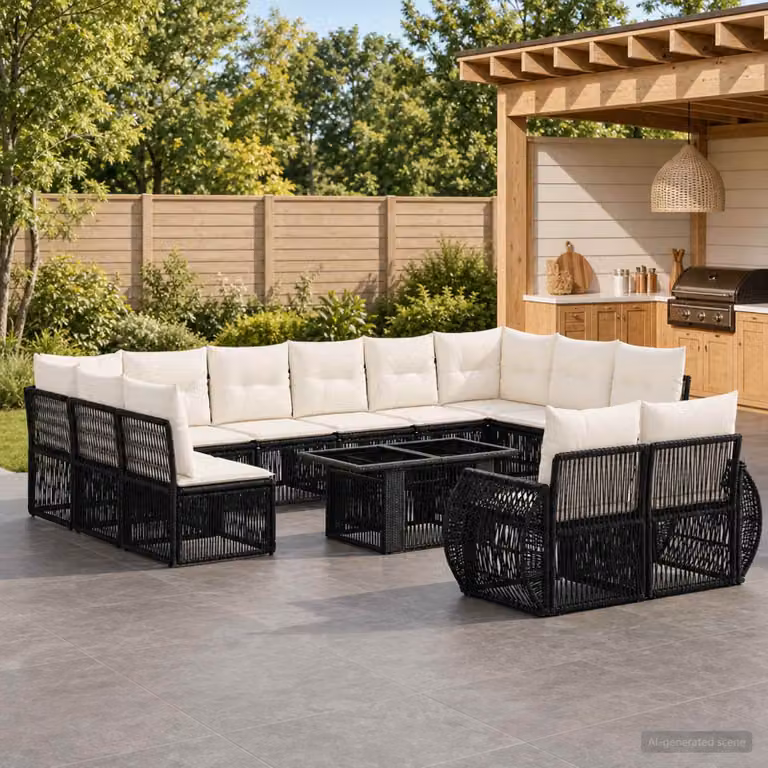Set Divano da Giardino vidaXL 13 pz a forma di U con Tavolino, Colore Nero e Bianco Crema, Struttura in Metallo e Polyrattan con Cuscini Inclusi