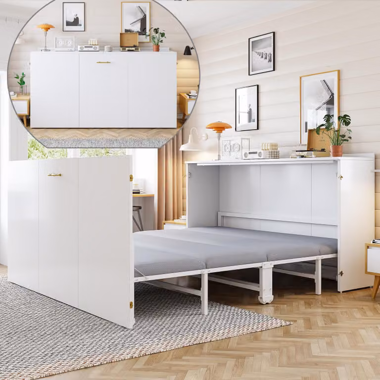 Letto a scomparsa Flieks 140x200 cm con materasso in lino, letto ribaltabile con struttura in metallo e rotelle, letto Murphy per ragazzi o ospiti, estraibile, bianco