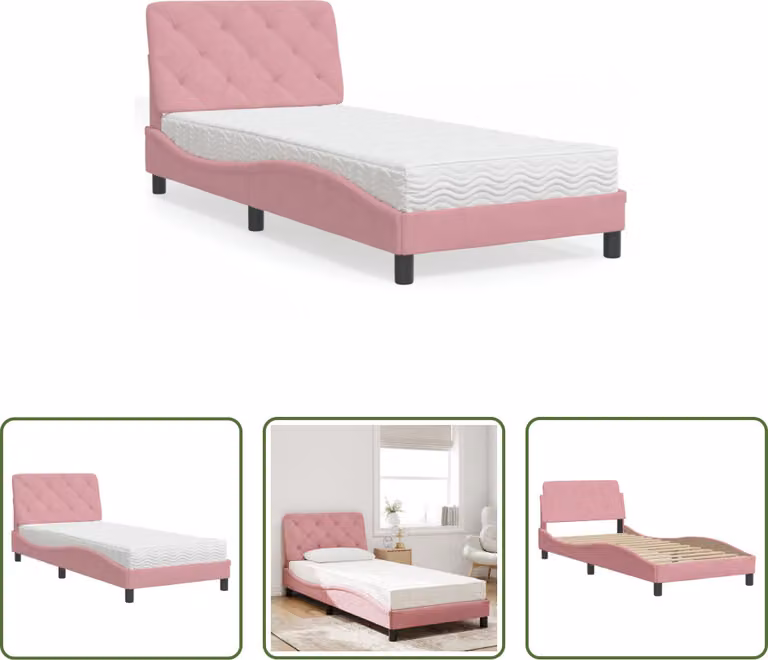 The Living Store Letto con materasso rosa 90x200 cm in velluto