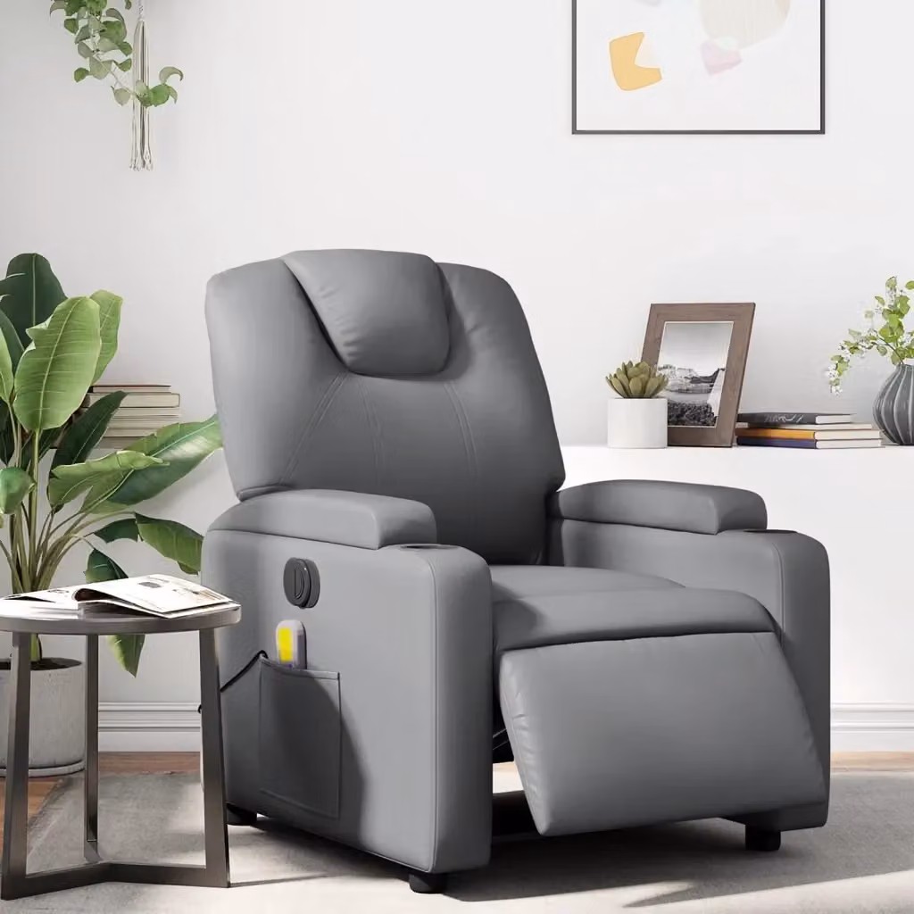 Poltrona Relax Elettrica Reclinabile in Similpelle Grigia con Braccioli e Struttura in Metallo e Legno – 2