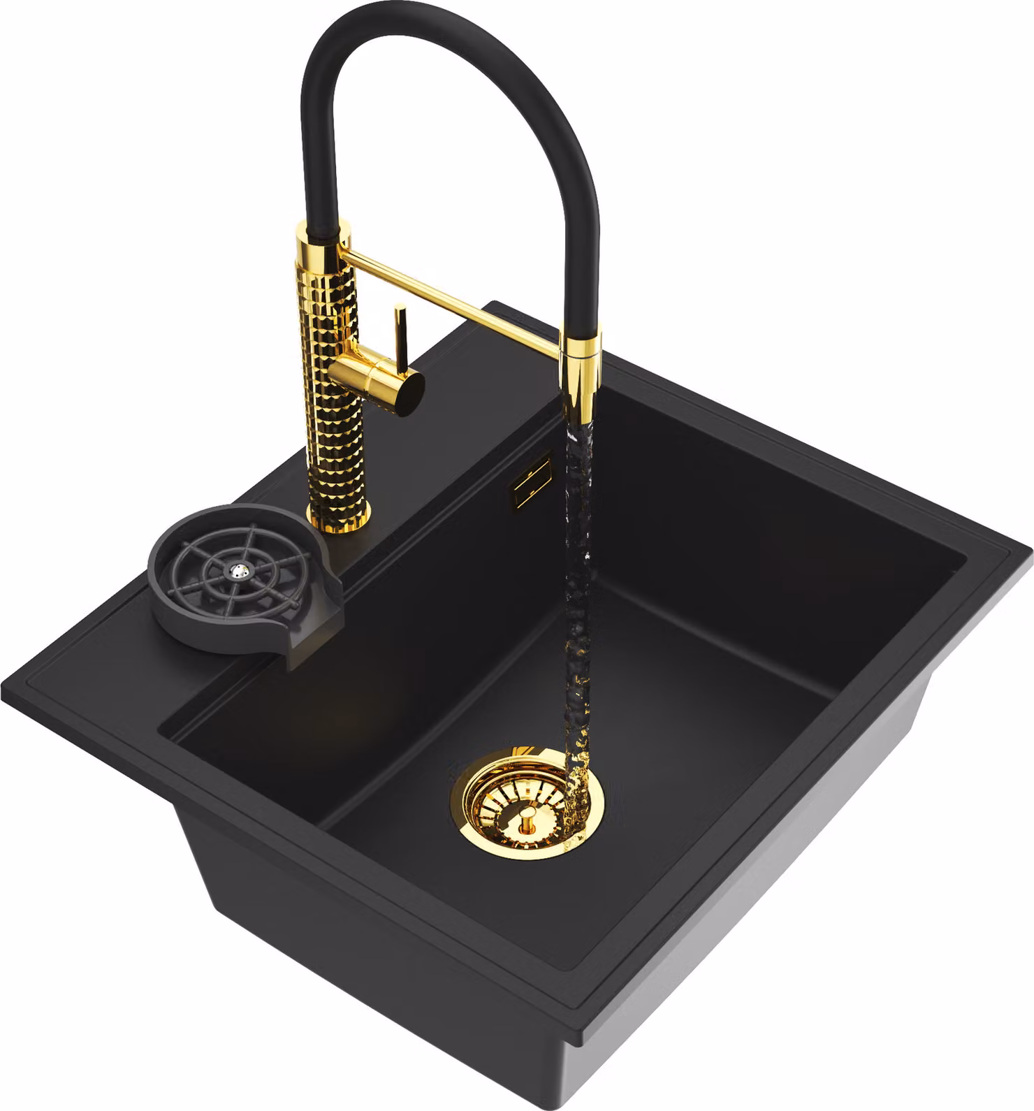 Granitan - Lavello in granito - Lavello da cucina - 56x50 cm - Nero - con rubinetteria FANO GOLD e sifone - FOXAL