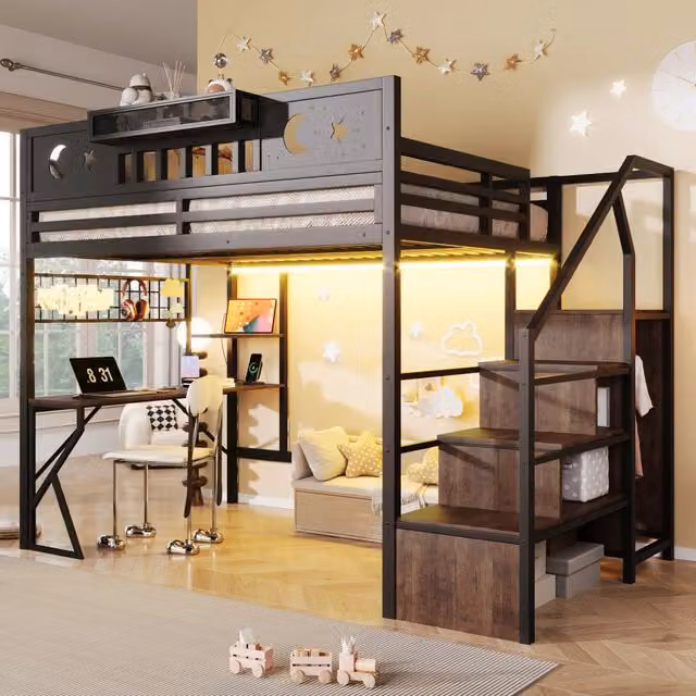 Letto a soppalco 140x200 con scrivania in metallo e MDF; nero; per cameretta