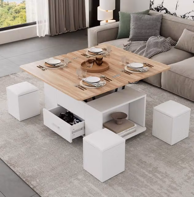 Tavolino da salotto elevabile 4 in 1; 100x50 cm; con 4 sgabelli; cassetto; bianco e legno naturale