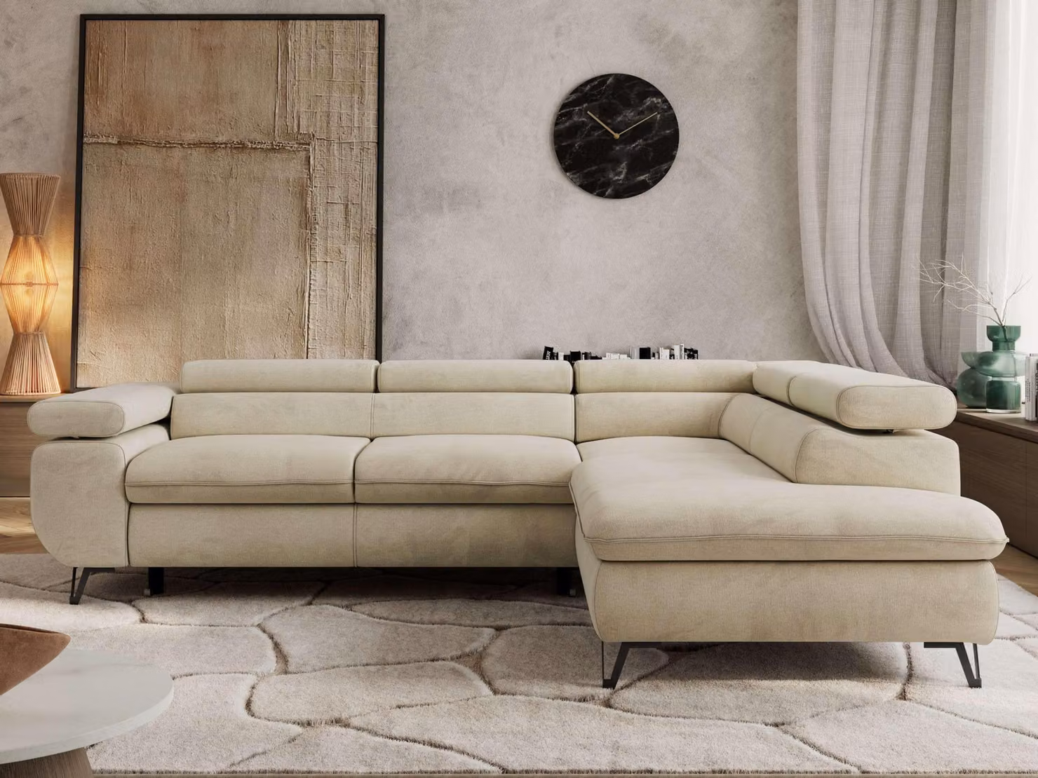Divano letto a L Divano angolare Divano da salotto con poggiatesta regolabili - PABLO L - Velvet - Beige - Destro