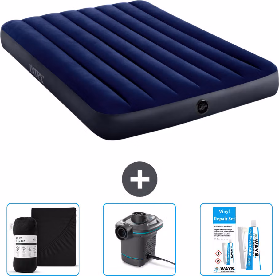 Intex Airbed - Letto matrimoniale - 137 x 191 x 25 cm - Blu - Include lenzuola - Pompa e kit di riparazione