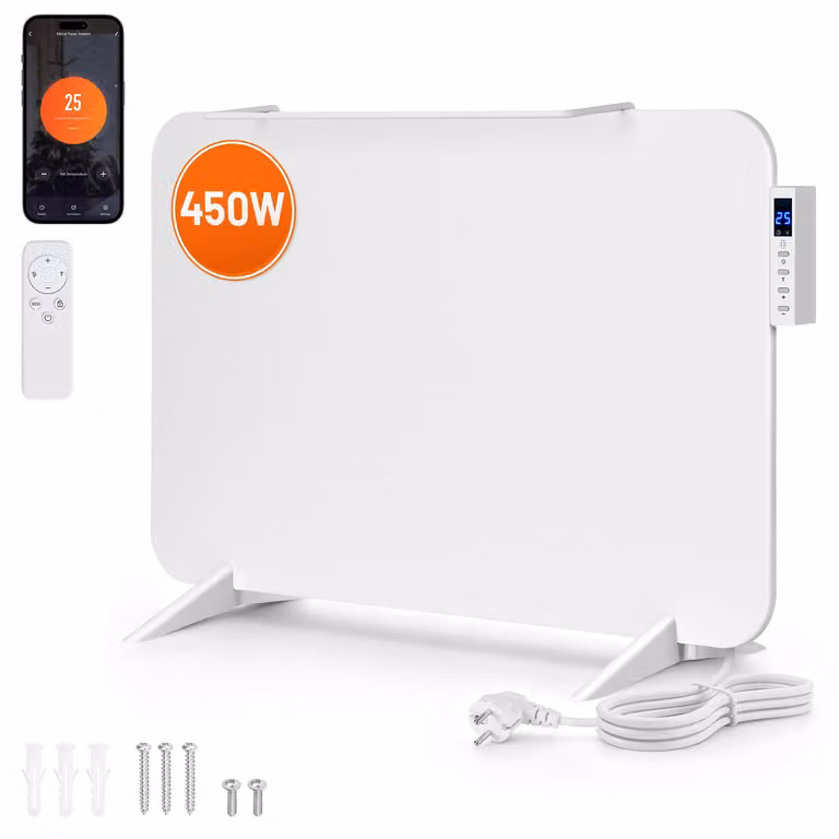 Ikodm, pannello radiante a infrarossi da 450W, colore bianco, con controllo tramite app Wi-Fi, termostato, telecomando e porta asciugamani