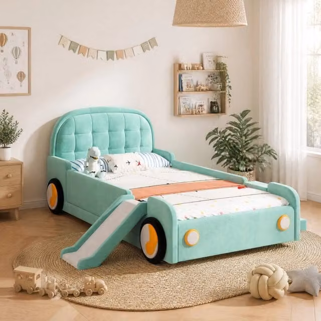 Letto per bambini Mivray a forma di auto con scivolo e scala, rivestito in velluto blu o verde, L/P/H: 200 x 90 x 107 cm – 1