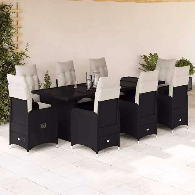 Set Bistrò da Giardino vidaXL 9 pz in Polyrattan Nero con Piano in Vetro e Cuscini Bianchi