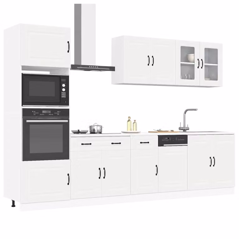 Set di mobili da cucina vidaXL Kalmar composto da 7 pezzi in legno multistrato bianco con ante in vetro, design moderno e lineare