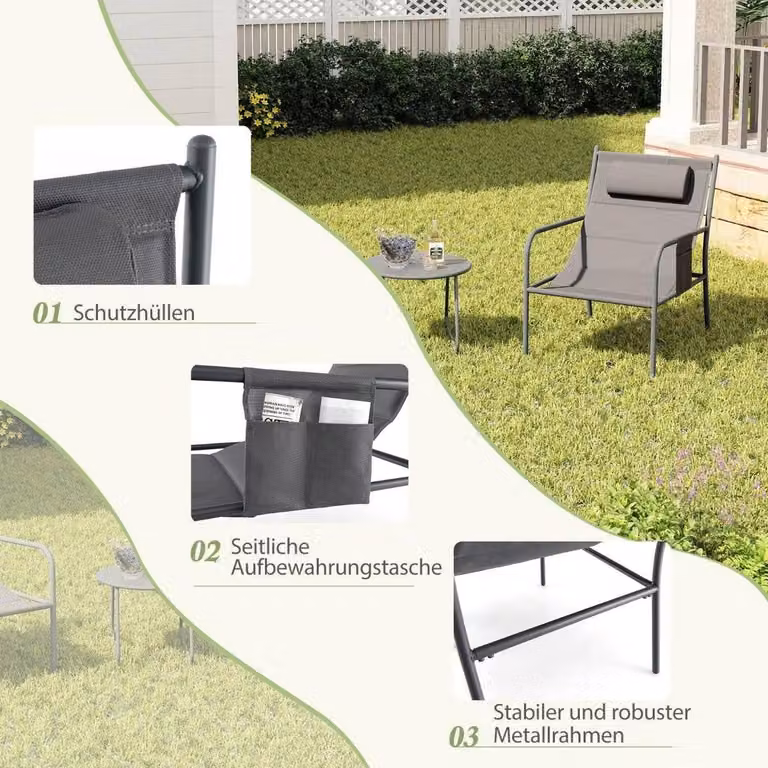 Set di mobili da balcone 3 pezzi. Set mobili da giardino con 2 sedie e tavolo set da balcone con seduta in tessuto traspirante grigio