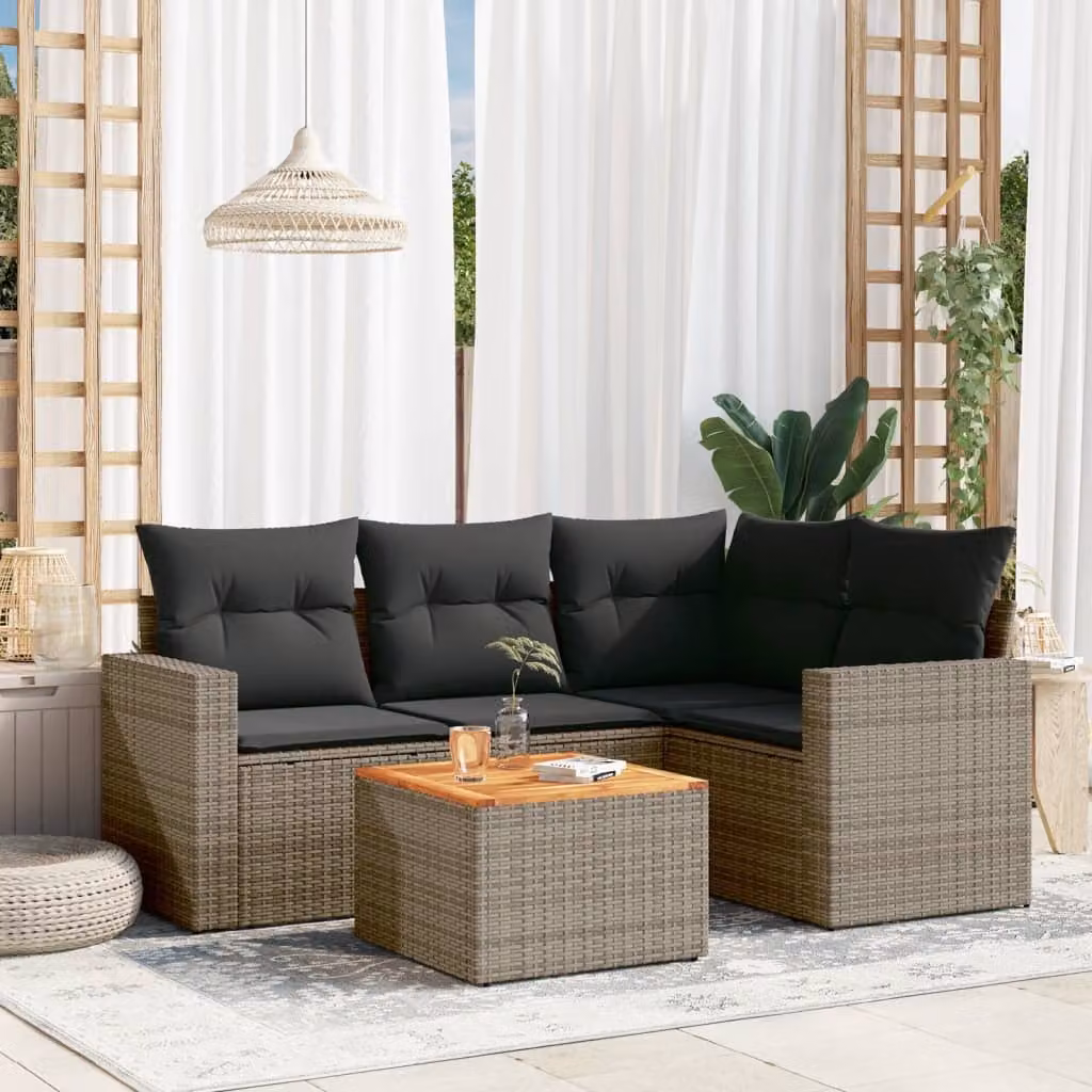 vidaXL Set Divano da Giardino a L 5 pz in Polyrattan Grigio con Cuscini e Tavolino – 1