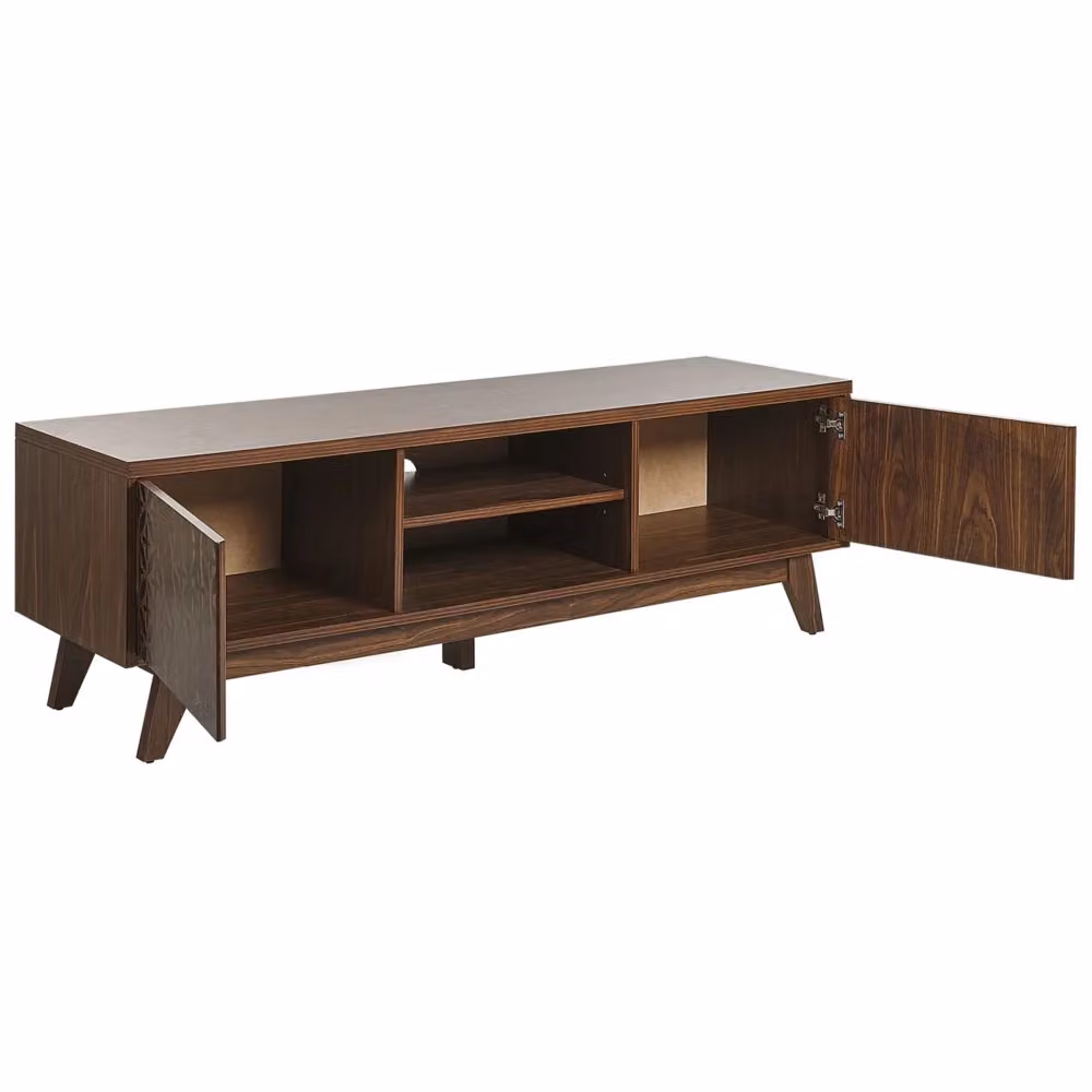 Mobile TV BELIANI in MDF marrone con design geometrico e porta passacavi per soggiorno L: 140 cm, P: 40 cm, H: 45 cm – 2