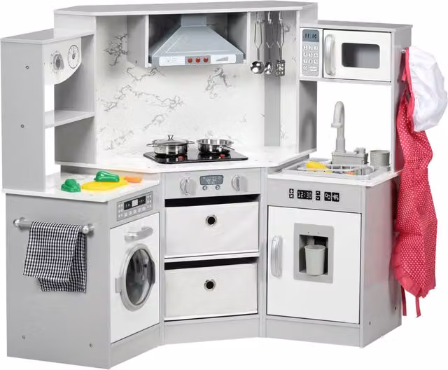 Casetta in legno per bambini zephmum con cucina e accessori, Grigio e Bianco