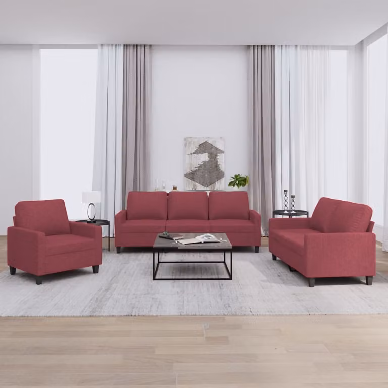 vidaXL Set di Divani 3 pz con Cuscini Rosso Vino in Tessuto