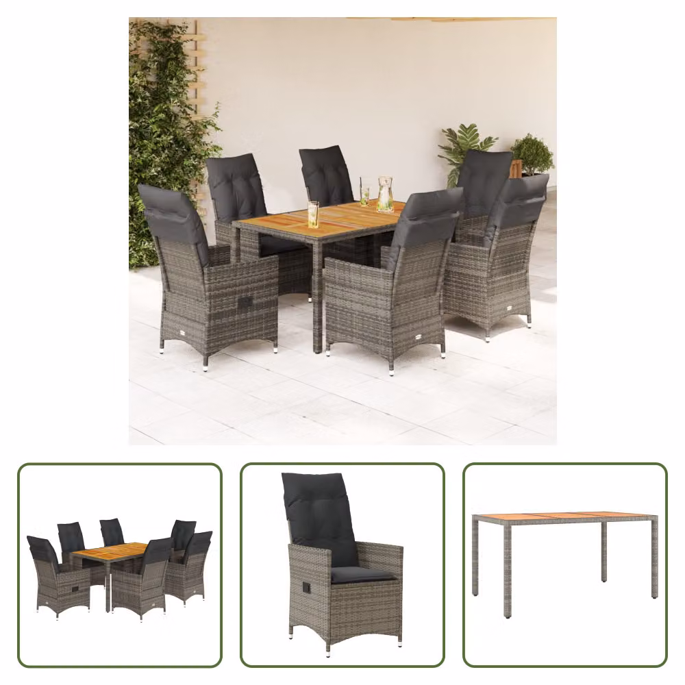 The Living Store Set da pranzo da giardino 7 pezzi con cuscini in poly rattan grigio