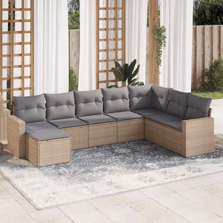 vidaXL Set Divano da Giardino 8 pz a Forma di L con Cuscini Beige e Grigio in Polyrattan e Struttura in Metallo