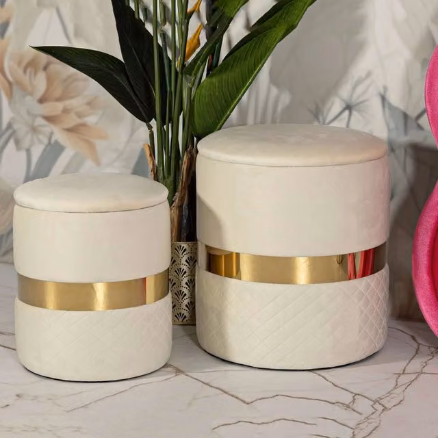 Maun, Pouf Contenitore set da 2, 37x37x42h cm Bianco Crema