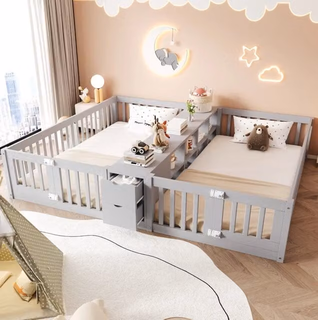 Letto doppio per bambini 90 x 200 cm in legno grigio con ripiani e cassetti