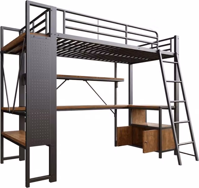 Letto a soppalco 90x200 cm con struttura in ferro, luce LED, scrivania, ripiani e USB, nero, senza materasso