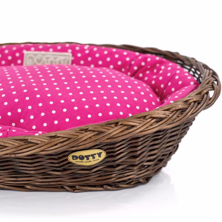 Cestino in vimini marrone, rifinito a mano Cestino per vichinghi con cuccia in cotone Rosa a pois bianchi, lavabile e morbido DOTTY