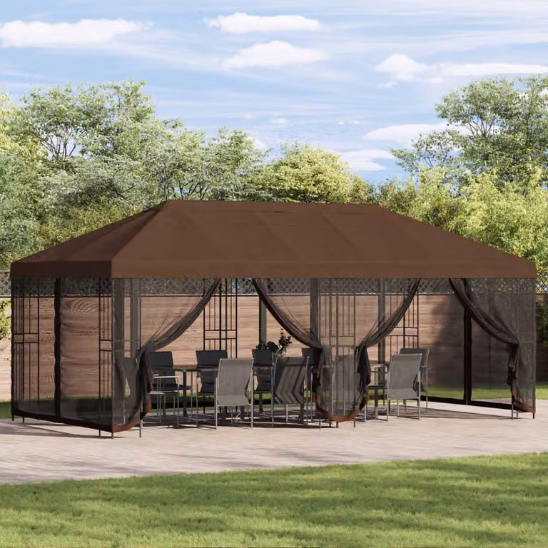 vidaXL Gazebo con pareti laterali in poliestere e acciaio Marrone e Nero L: 600 cm, P: 300 cm, H: 276,5 cm