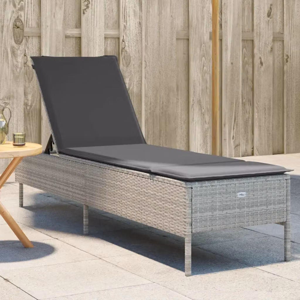 Lettino prendisole in polyrattan con cuscino grigio e poggiatesta regolabile per giardino – 2