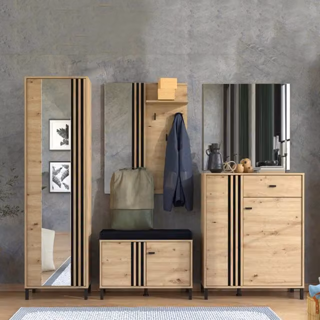 Mobile da ingresso Hanga DMORA con cassetto e ante, Marrone Rovere, L: 87 cm, P: 40 cm, H: 110 cm – 1