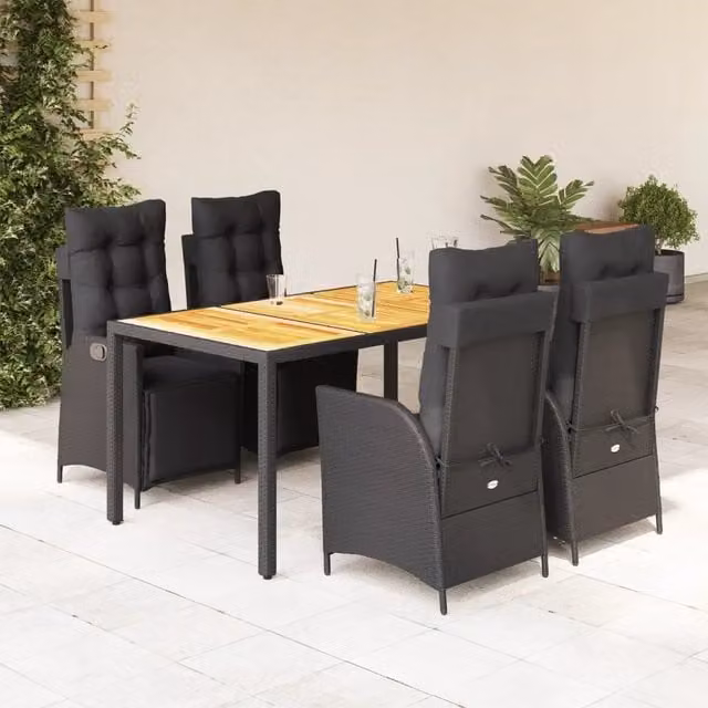 Set da Pranzo da Giardino 5 pz Nero con Cuscini in Polyrattan 3213340