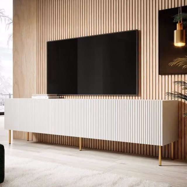 Mobile porta TV Varenna DMORA, Madia da salotto moderna con quattro ante battenti e chiusura soft-close, Bianco, L 200 cm x P 42 cm x H 52 cm – 1