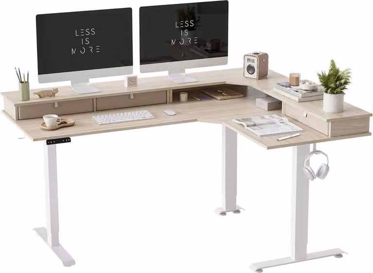 FEZIBO Scrivania elettrica a tre motori regolabile in altezza a L 160 x 120 cm bianco/noce chiaro