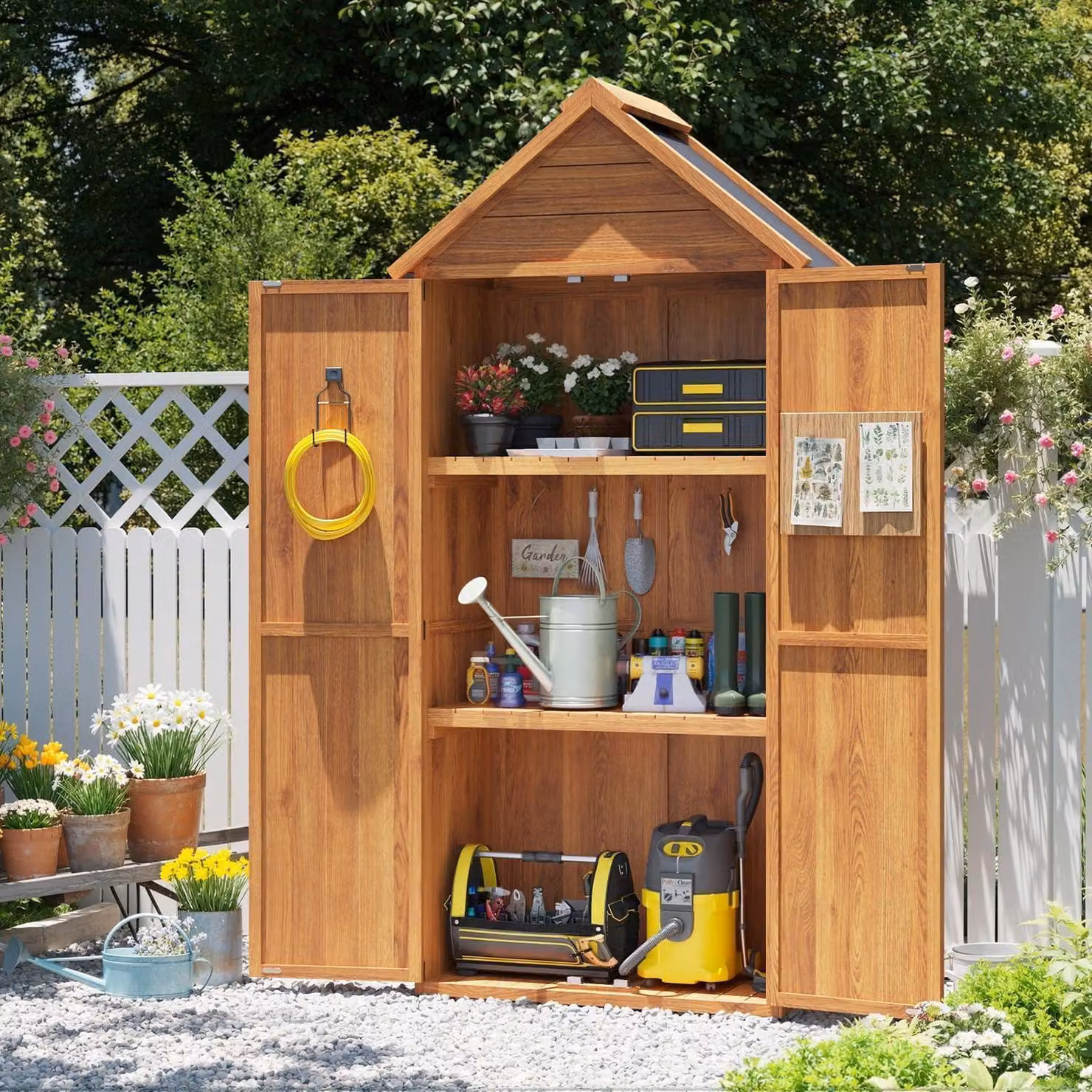 Capanno per attrezzi in legno, dimensioni 73x39x169 cm, con scaffali, tetto a falde, doppia porta e resistente alle intemperie