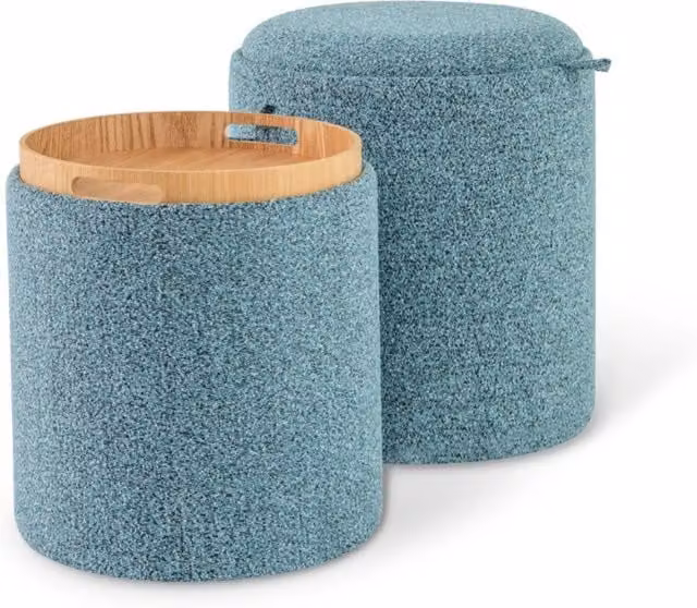 Set di 2 pouf rotondi Design Mania con vassoio reversibile e contenitore nascosto, colore blu – 1