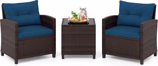 Set mobili da esterno 3 pezzi con piano in vetro temperato, Set sedie e tavolo in rattan con morbidi cuscini Blu