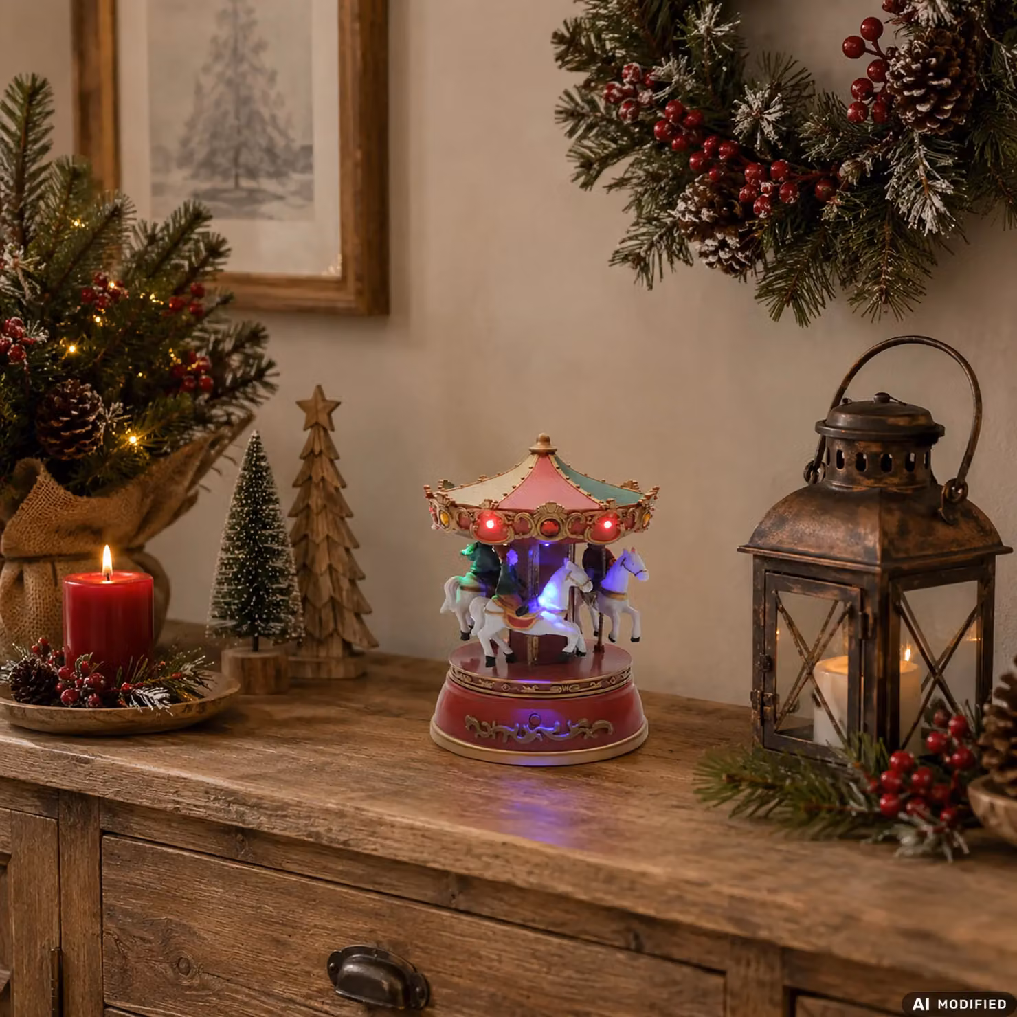 Vestiamo Casa Giostrina dei Cavalli Natalizia con Movimento, Musica e Luci LED Multicolor, Altezza: 18,5 cm – 2