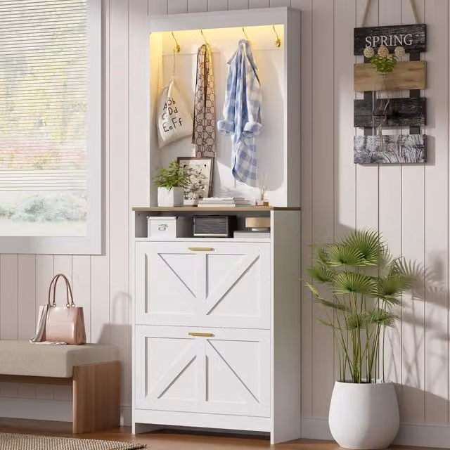 Scarpiera 70x24x180 cm con LED e 2 vani a ribalta in truciolare bianco e naturale