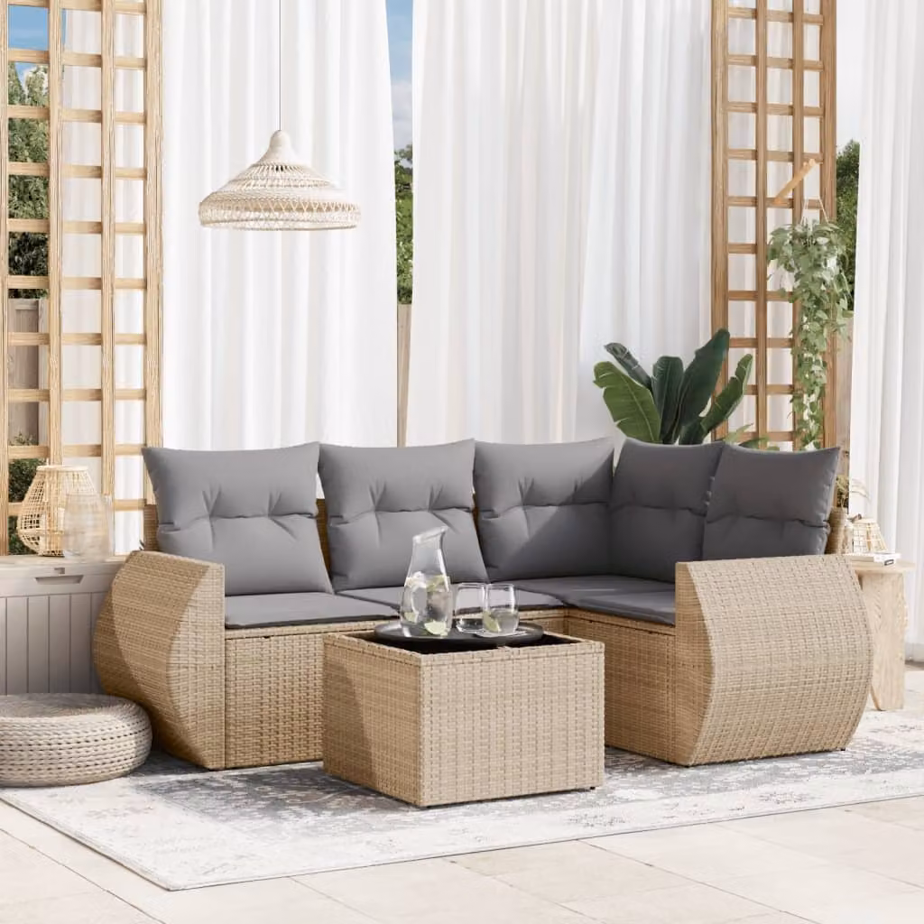 vidaXL Set Divano da Giardino a L 5 pz con Cuscini Beige e Tavolino in Vetro e Struttura in Metallo – 1