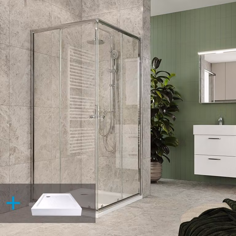 Set doccia Mereo Kora Lite: cabina doccia 90x90x185 cm, cromo ALU, vetro trasparente, 90 cm, piatto, sifone - CK34123ZH
