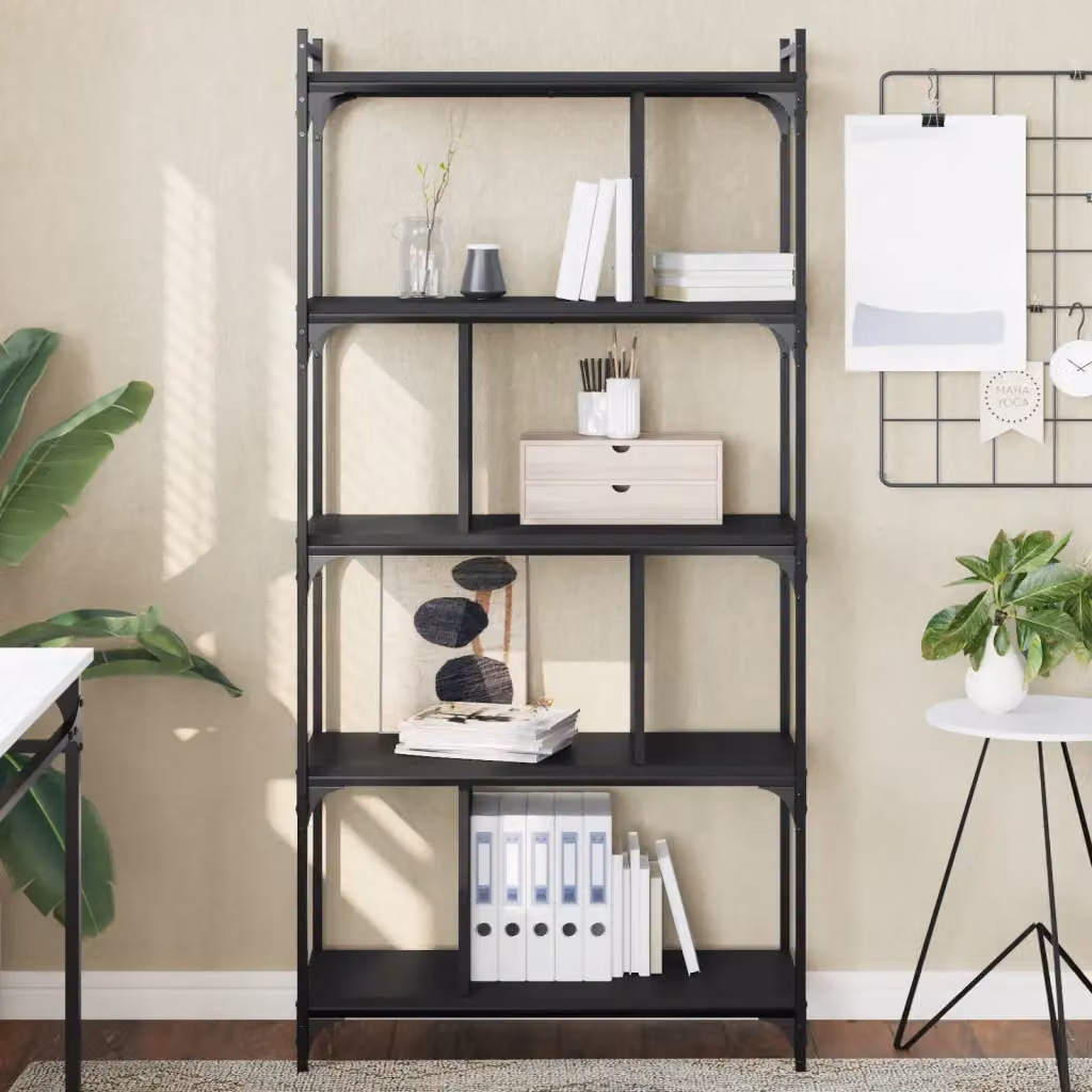 Libreria Industrial vidaXL in Legno e Metallo con 5 Ripiani, Colore Nero, L 76 cm x P 32 cm x H 158 cm